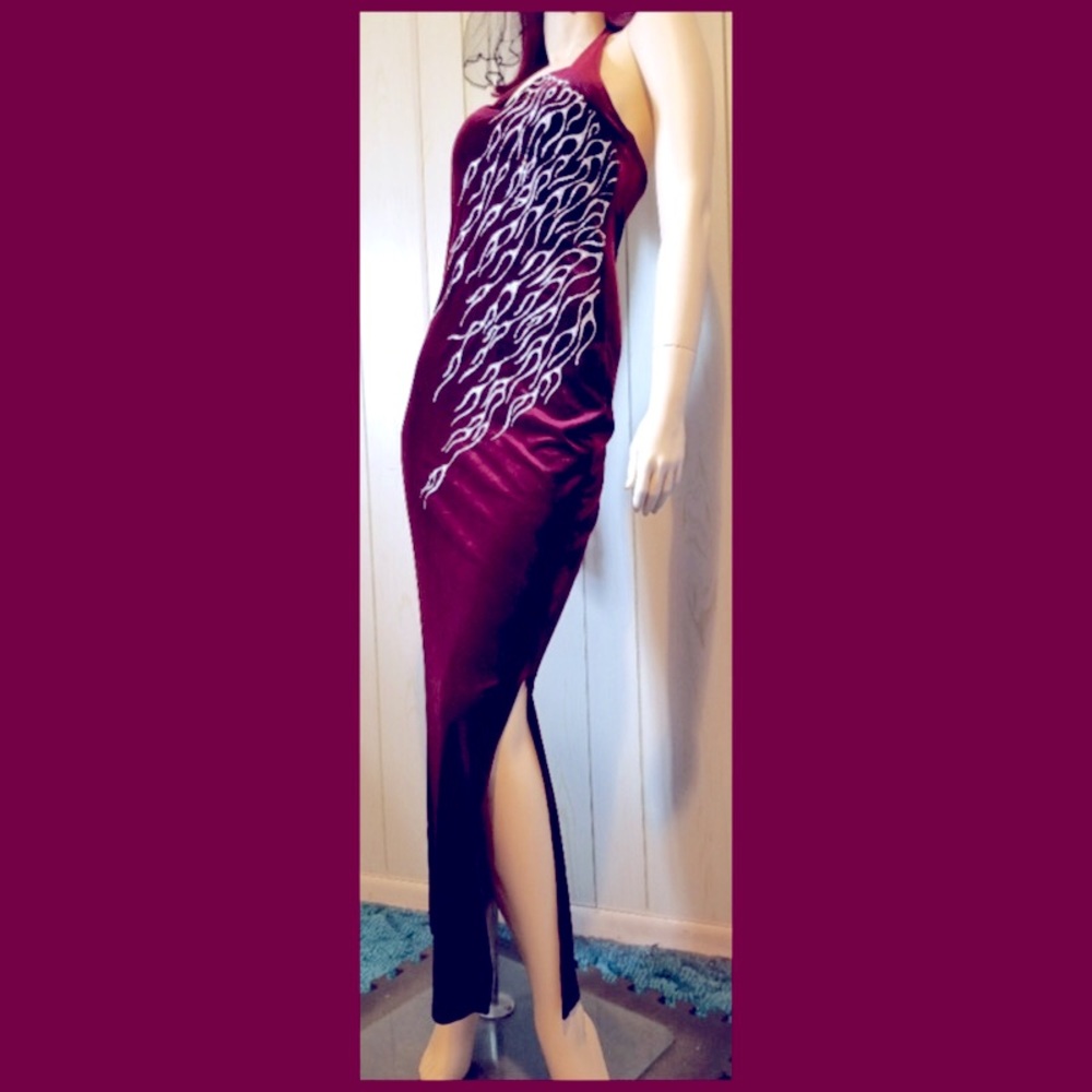 VTG 90s Glam Gothic Prom Queen Red Velvet w/Glitter FLAMES Halter Maxi Dress NWT